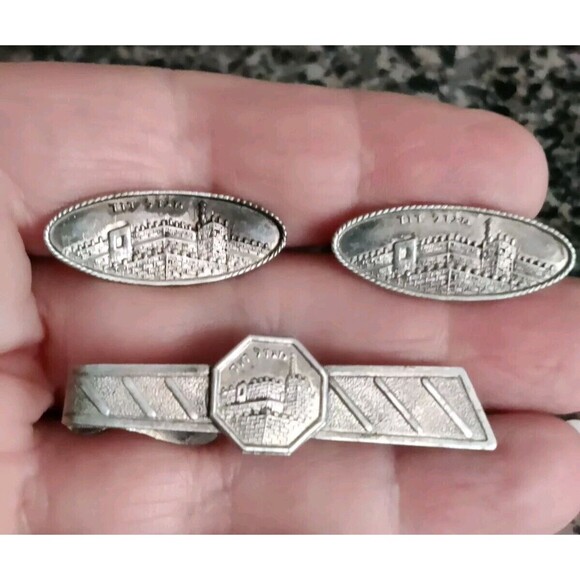 Vintage Jerusalem Sterling Silver Tie Pin Bar Cuff Links Tested